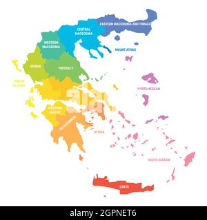 Bunte politische Landkarte von Griechenland. Verwaltungsabteilungen - dezentrale Verwaltungen. Einfache flache Vektorkarte mit Beschriftungen. Stock Vektor