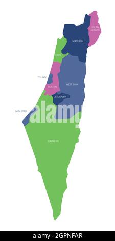 Bunte politische Landkarte von Israel. Verwaltungseinheiten - Bezirke und drei Sondergebiete - Gazastreifen, Westjordanland und Golanhöhen. Einfache flache Vektorkarte mit Beschriftungen. Stock Vektor