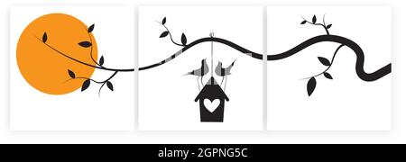 Vögel auf Zweig und Vogelhaus, Vektor. Drei Stücke minimalistisches Poster-Art-Design. Vögel Silhouetten Illustration isoliert auf weißem Hintergrund Stock Vektor