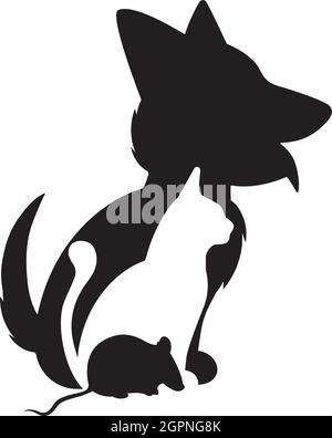 Silhouetten von Hund, Katze und Mäusen ineinander, Vektor. Darstellung von Hund, Katze und Maus isoliert auf weißem Hintergrund. Niedliche Spaß Cartoon Art Design. Schwarz Stock Vektor