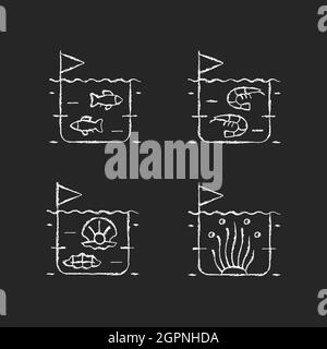Kommerzielle Seeprodukte Landwirtschaft Kreide weiße Symbole auf dunklem Hintergrund gesetzt Stock Vektor