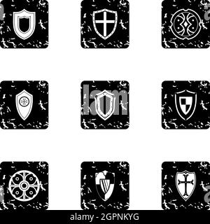 Shield Icons Set, Grunge-Stil Stock Vektor