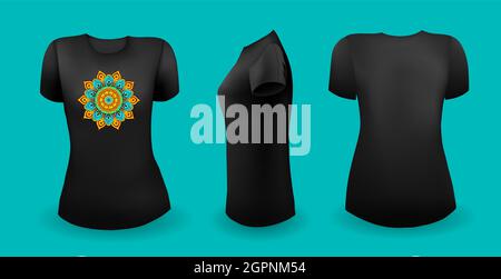 Schwarzes Damen-T-Shirt mit Mandala. Vorder-, Rücken- und Seitenansicht. Vektor Stock Vektor