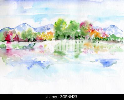 Aquarell Herbstlandschaft mit einem See und Reflexion im Wasser von Bäumen und Bergen. Panorama. Stockfoto