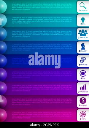 EPS10 Vektorgrafik. Business-Infografik-Prozess mit realistischen Elementen. Design der Impact-Vorlage mit Symbolen und 9 Schritten. Stock Vektor