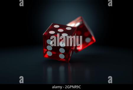 Ein Paar transparente rote Casino-Würfel mit weißen Markierungen in Aktion Rollen auf einem dunklen isolierten Hintergrund - 3D-Rendering Stockfoto