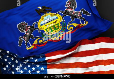 Flagge von Pennsylvania zusammen mit einer Flagge der Vereinigten Staaten von Amerika als Symbol der Einheit zwischen ihnen, 3d-Illustration Stockfoto