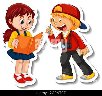 Sticker Vorlage mit paar Kindern Studenten Cartoon Charakter isoliert Illustration Stock Vektor