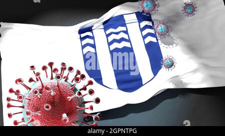 Covid in Reykjavik Island - Coronavirus greift eine Stadtflagge von Reykjavik Island an, als Symbol für einen Kampf und Kampf gegen die Viruspandemie in dieser Stockfoto