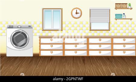 Die Inneneinrichtung der Waschküche ist mit Möbeln und Dekorationen gestaltet Stock Vektor