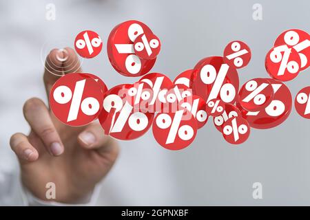 3d-Rendering von weißen Prozentzeichen auf roten runden Schreibtischen, die auf weißem Hintergrund berührt wurden Stockfoto