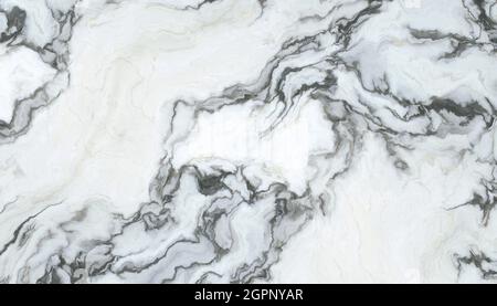 Weißer Marmor Muster mit dem lockigen grauen und schwarzen Adern. Abstrakte Textur und Hintergrund. 2D-Darstellung Stockfoto
