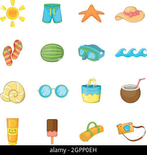 Sommer Artikel Icons set, cartoon-Stil Stock Vektor