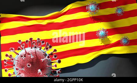 Covid in Katalonien - Coronavirus greift eine Stadtflagge Kataloniens als Symbol für einen Kampf und Kampf gegen die Virus-Pandemie in dieser Stadt an, 3D-Illus Stockfoto