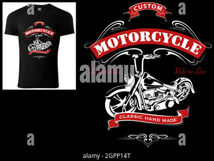 T-Shirt Design für Motorradfahrer mit Motorrad Stock Vektor