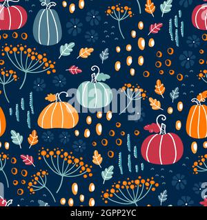 Niedliche handgezeichnete Thanksgiving nahtlose Muster mit Kürbissen und Blättern, bunten Hintergrund, ideal für Textilien, Banner, Tapeten, Umhüllung - vecto Stock Vektor