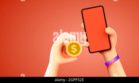 Einfaches Online-Zahlungskonzept mit 3D-Cartoon-Hand, Telefon und Münze, Business und Geld. Online-Shopping. Vektorgrafik Stock Vektor