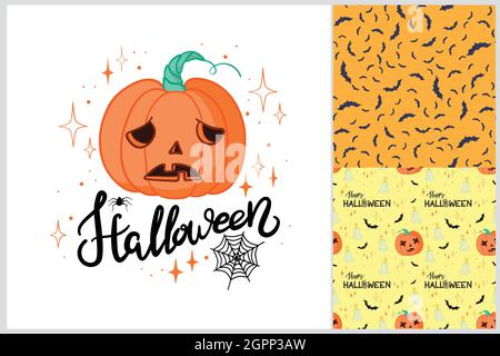 Halloween Retro Muster verschiedene nahtlose Muster. Schwarz und Orange. Vektor, Illustration. Stock Vektor