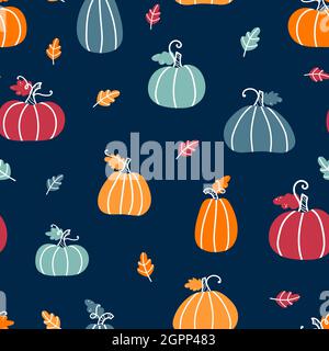 Niedliche handgezeichnete Thanksgiving nahtlose Muster mit Kürbissen und Blättern, bunten Hintergrund, ideal für Textilien, Banner, Tapeten, Umhüllung - vecto Stock Vektor