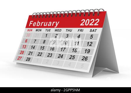 2022 Jahre. Kalender für Februar. Isolierte 3D-Darstellung Stockfoto