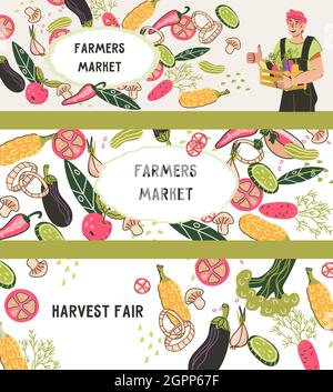 Saisonale Bauernmarkt und Ernte Messe Banner oder Flyer, Plakate mit Gemüse und Landwirt Charakter gesetzt, flache Vektor-Illustration. Setzen Sie Banner oder Stock Vektor
