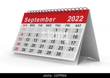 2022 Jahre. Kalender für September. Isolierte 3D-Darstellung Stockfoto