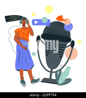 Frau, die Online-Übertragungen oder Live-Streams hört. Unterhaltsame und pädagogische Technologie in sozialen Netzwerken. Blogging-Podcast und Audio-Streaming Stock Vektor