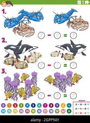 Subtraktion pädagogische Aufgabe mit Cartoon Meerestiere Stock Vektor
