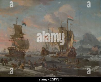 Die Niederländische Walfangflotte, 1690/1700. Seefahrer befahren Wale und greifen Eisbären an. Stockfoto