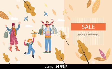Layout der saisonalen Verkaufswebsite oder Landing Page, Familieneinkaufskonzept. Webseite mit Familie und Kind beim Einkaufen, flache Vektorgrafik. Stock Vektor