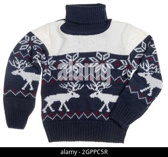 Kinder Strickpullover warm saisonal Weihnachten Rollkragenpullover aka Ugly Pullover Mit Hirsch und Schneeflocke Ornament isoliert auf weißem Hintergrund Stockfoto