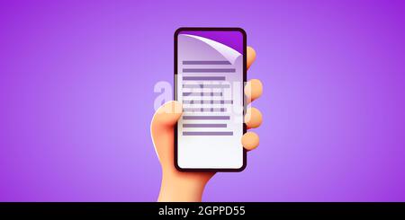 3d niedliche Hand hält Smartphone mit Dokument oder Rechnung auf dem Bildschirm. Elektronisches Dokumentenmanagement. Vektorgrafik Stock Vektor