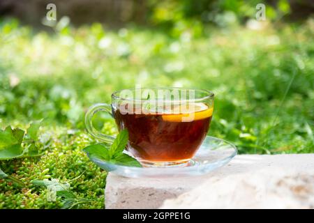 Blühender Tee steht auf einem Stein im Garten, serviert mit Zitrone und frischen Minzblättern. .Selective Focus Glas Stockfoto