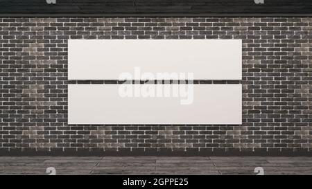 Mockup Backsteinmauer im skandinavischen Stil. Blank weißes Poster mit Rahmen leere Wand-Mock-up. 3d-Rendering. Stockfoto