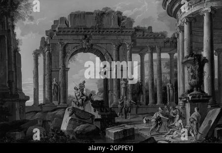 Architekturlandschaft mit Belisarius erhält Almosen, wahrscheinlich nach 1760. Stockfoto