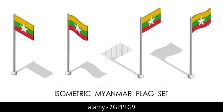 Isometrische Flagge der Republik MYANMAR in statischer Position und in Bewegung auf Fahnenmast. 3d-Vektor Stock Vektor