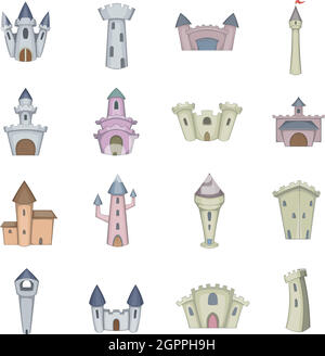 Burg Turm Icons Set, Cartoon-Stil Stock Vektor