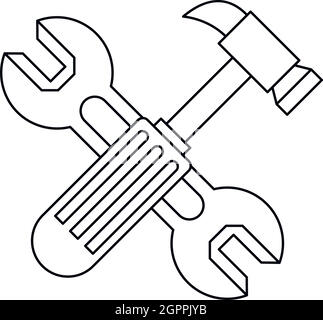 Hammer und Schraubenschlüssel-Symbol, Umriss-Stil Stock Vektor