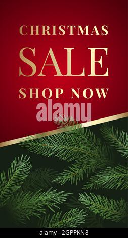 Weihnachtsgeschichten Vektor-Werbekarte oder -Poster. Pine Branches Hintergrund mit Sale Promo Text Copy Space und Typografie. Winterurlaub Rabatt Stock Vektor