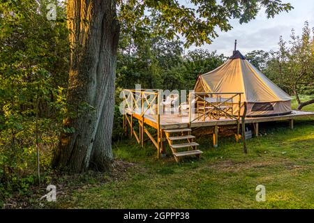 Glamping im Garten der Villa Skovly (Beths Hus) in Hesselager, Dänemark. Das geräumige Zelt mit einem Doppelbett befindet sich auf einer Holzterrasse im Obstgarten der Villa. Die Unterkunft verfügt über einen eigenen Strand. Stockfoto