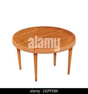 Hölzerner runder rustikaler Tisch im Cartoon-Stil isoliert auf weißem Hintergrund. Strukturmöbel, kleiner Couchtisch. Vintage-Objekt. Vektorgrafik Stock Vektor