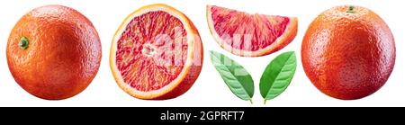 Set aus roten, orangefarbenen Scheiben und orangefarbenen Blättern. Datei enthält Beschneidungspfade. Stockfoto