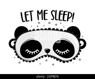 Schlafen Sie gut! - lustige handgezeichnete Doodle. Schlafmaske, Sterne, Herzen. Cartoon-Hintergrund, Textur für Bettwäsche, Schlafanzug. Entzückender Pandabär, der sich ausrast Stock Vektor
