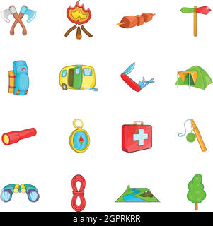 Camping Icons set, cartoon-Stil Stock Vektor