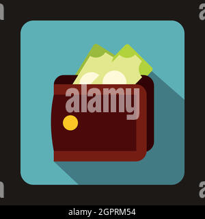 Braune Geldbörse mit Bargeld-Symbol, flachen Stil Stock Vektor