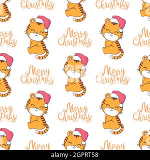 Tiger mit Neujahrshut. Weihnachtliches Nahtmuster. Vektor, Illustration Stock Vektor