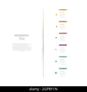 Helle Mehrzweckgrafik sechs vertikale Elemente mit farbigen Lesezeichen und Symbolen auf weißem Hintergrund. Minimalistischer einfacher Infograph mit sechs Sekten Stock Vektor