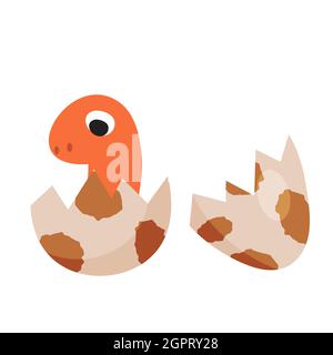 Lustige Cartoon Baby Dinosaurier nur schlüpfen aus seinem Ei, nette Illustration in flachem Stil. Farbenfroher Druck für Kleidung, Bücher, Textilien, Design und Dekor Stock Vektor