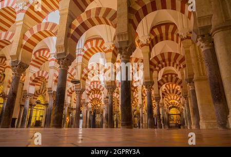 CORDOBA, SPANIEN - 11. August 2021 - Bögen im Gebetsraum der Mezquita (Moschee), Cordoba, Spanien Stockfoto