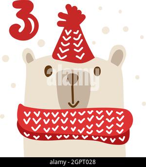 Winter Vektor Illustration des nordischen glücklichen Bären. Weihnachten Adventskalender fünfundzwanzig Tage vor dem Feiertag Weihnachten, drei Tage. Nette skandinavische Hand Stock Vektor